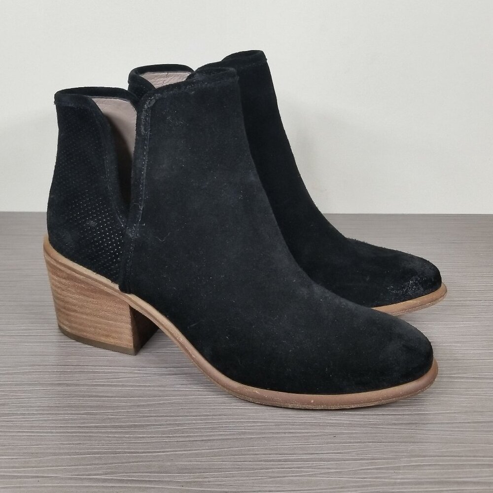 BP. Perforated Cutout Ankle Booties with Block Heel, Black Suede, Womens Size 5M